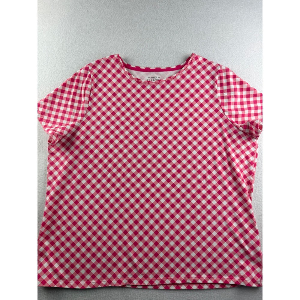 Talbots Pink White Gingham Short Sleeve Cotton Stretch Tee Shirt Plus Petite 2Xp